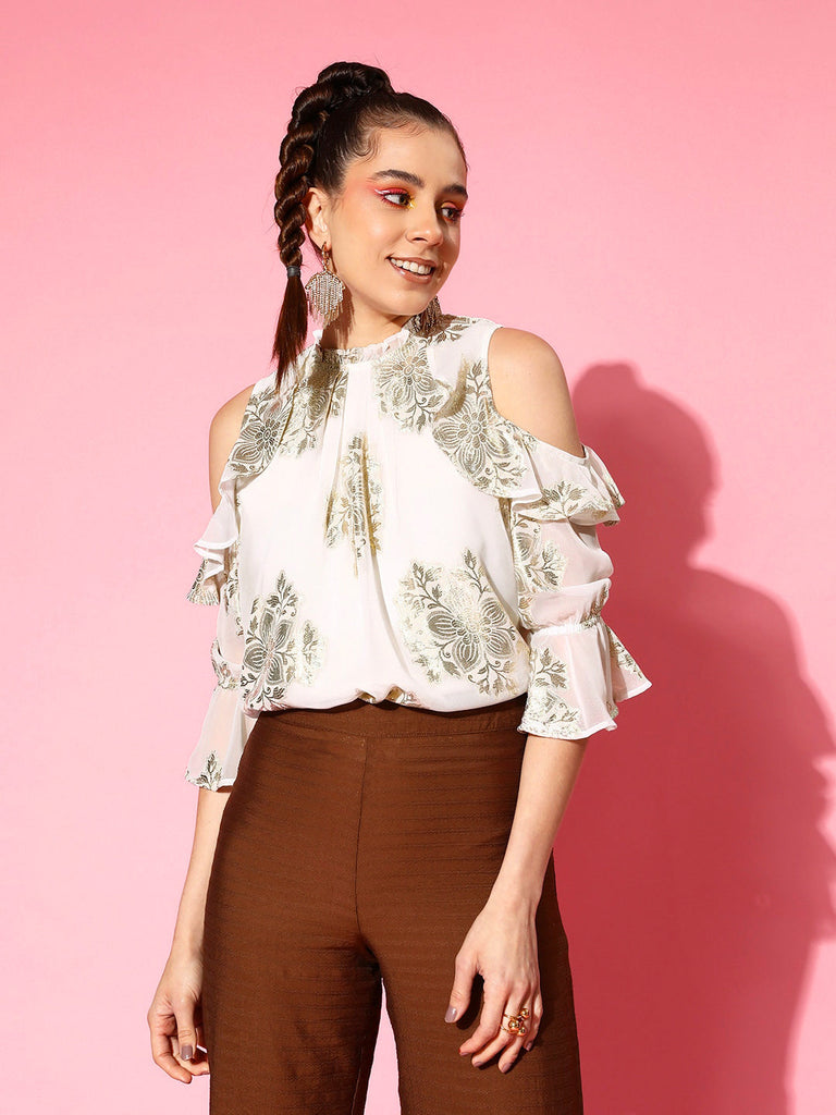Women's White Jacquard Cold Shoulder Top