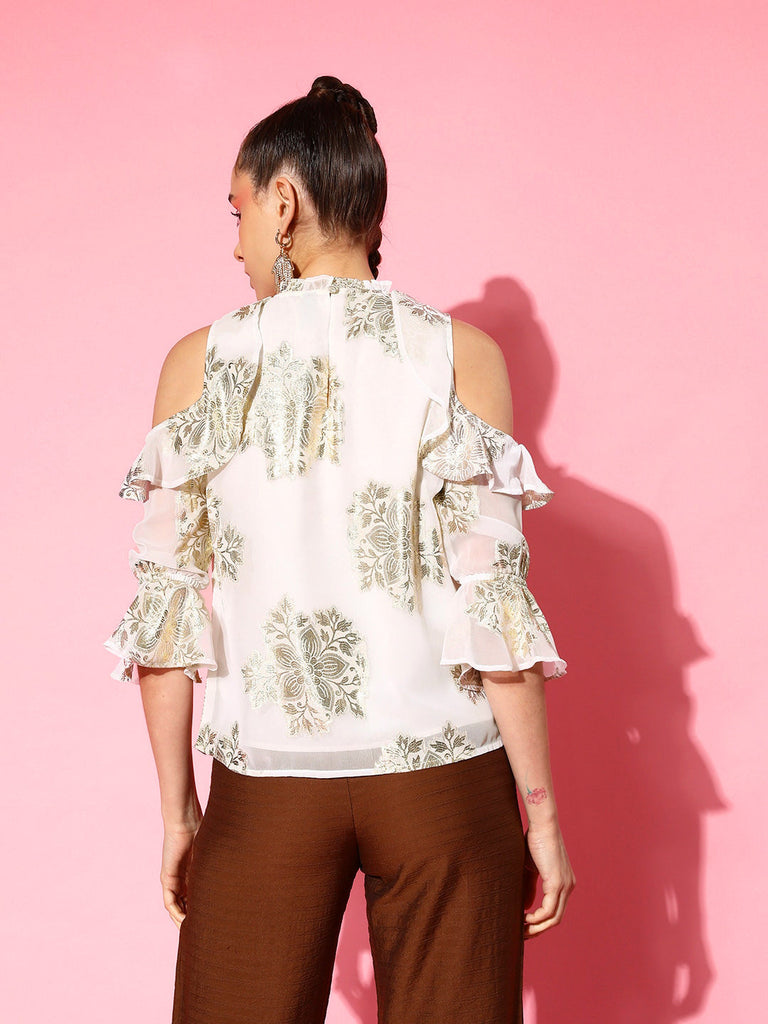 Women's White Jacquard Cold Shoulder Top