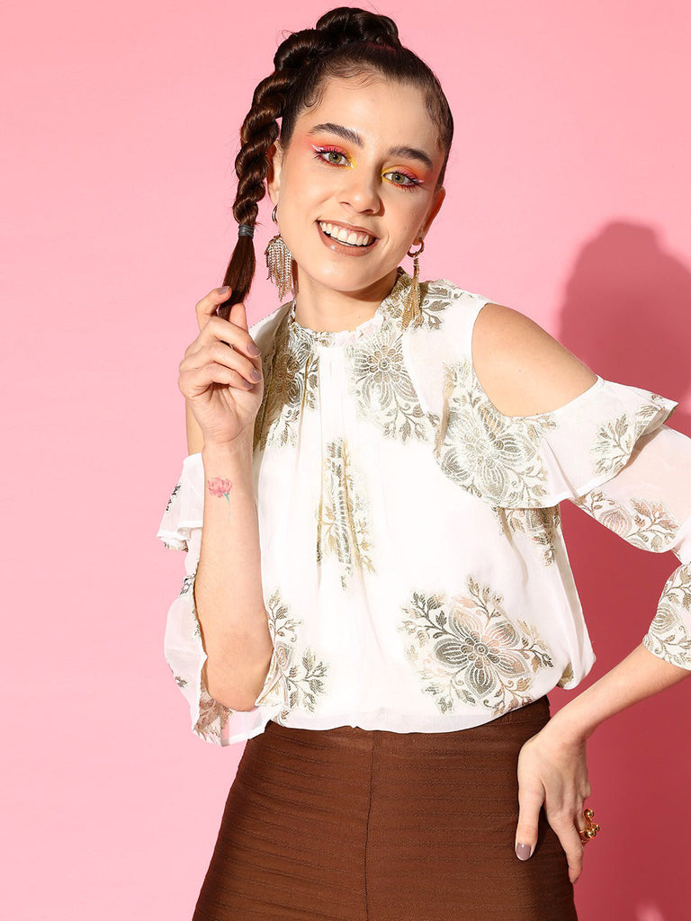Women's White Jacquard Cold Shoulder Top