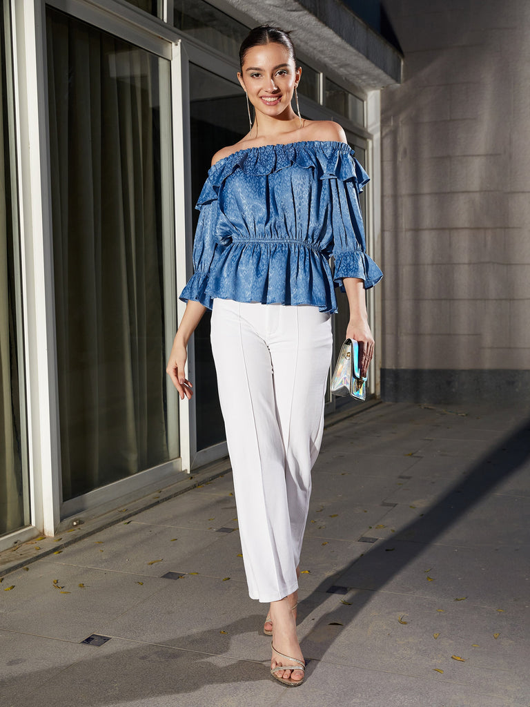 Women's Blue Jacquard Off Shoulder Frilly Peplum Top