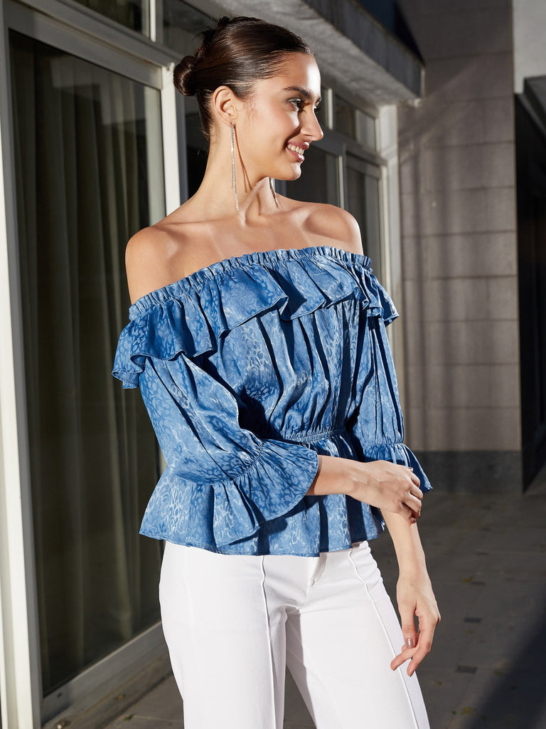 Women's Blue Jacquard Off Shoulder Frilly Peplum Top