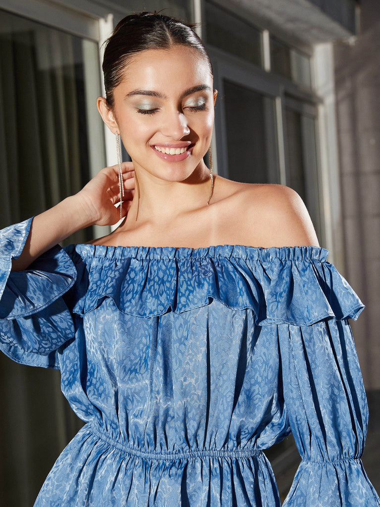 Women's Blue Jacquard Off Shoulder Frilly Peplum Top