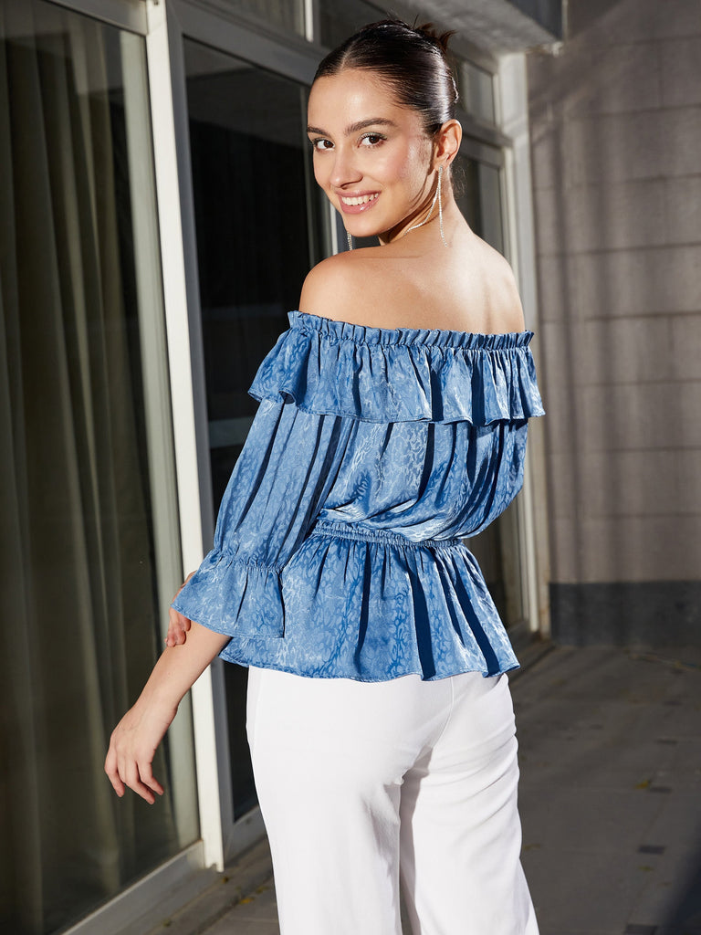 Women's Blue Jacquard Off Shoulder Frilly Peplum Top