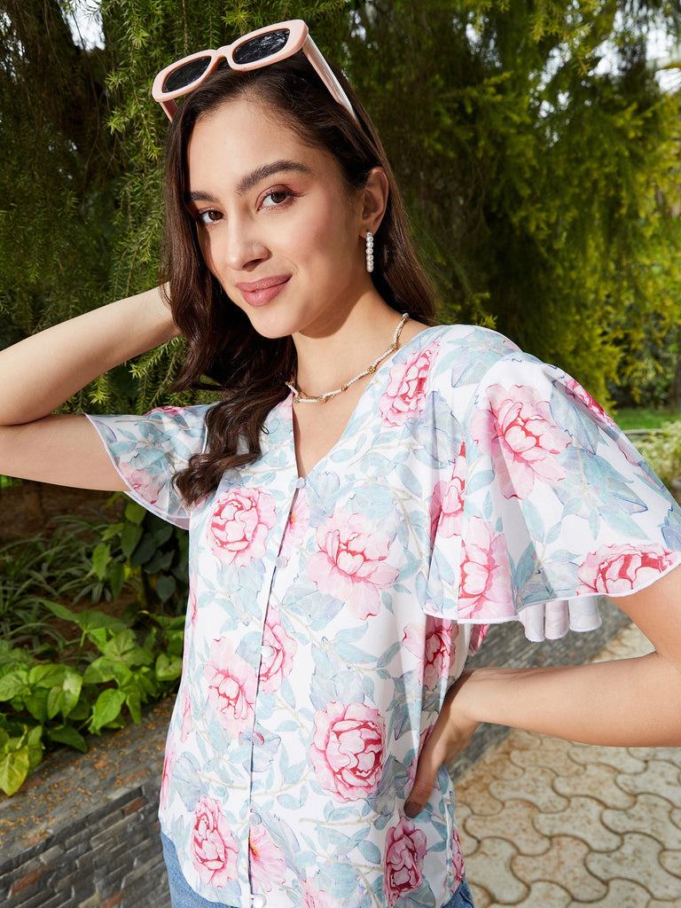 Women's Pink Floral Front Open Regular Top