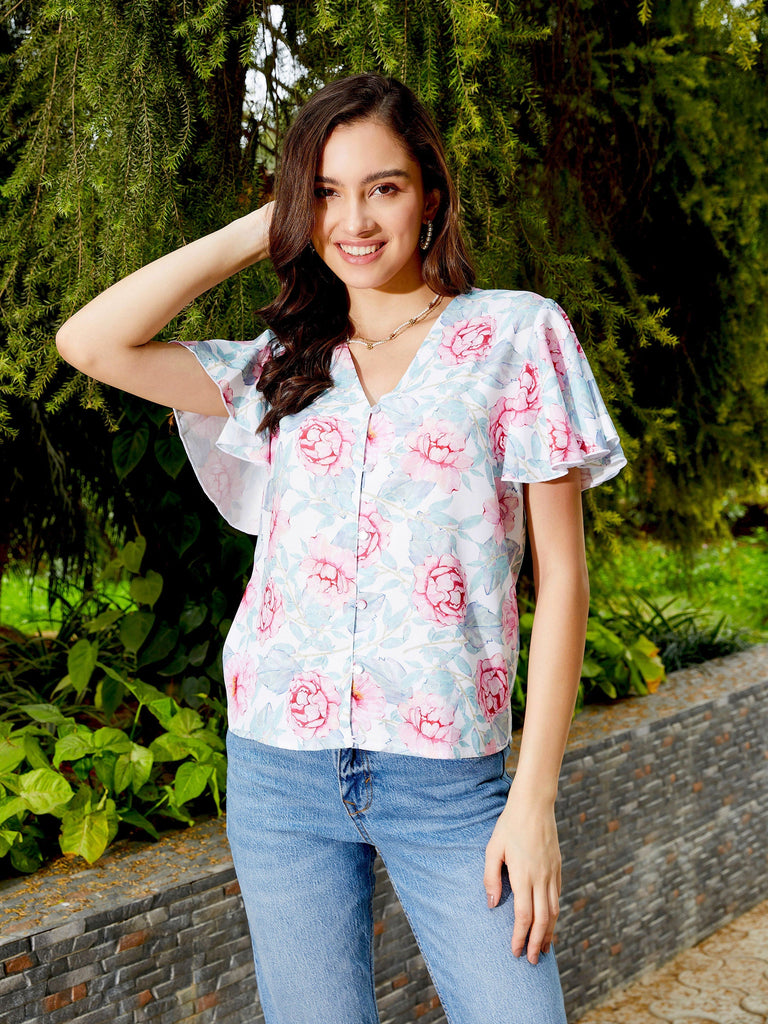 Women's Pink Floral Front Open Regular Top