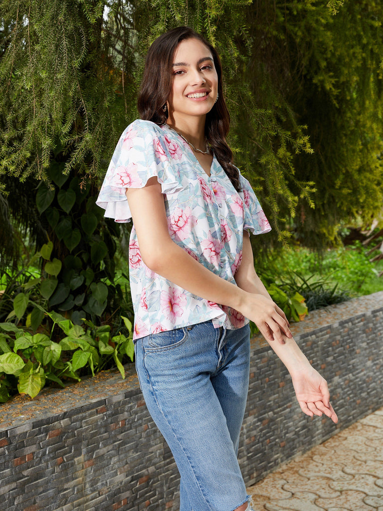 Women's Pink Floral Front Open Regular Top