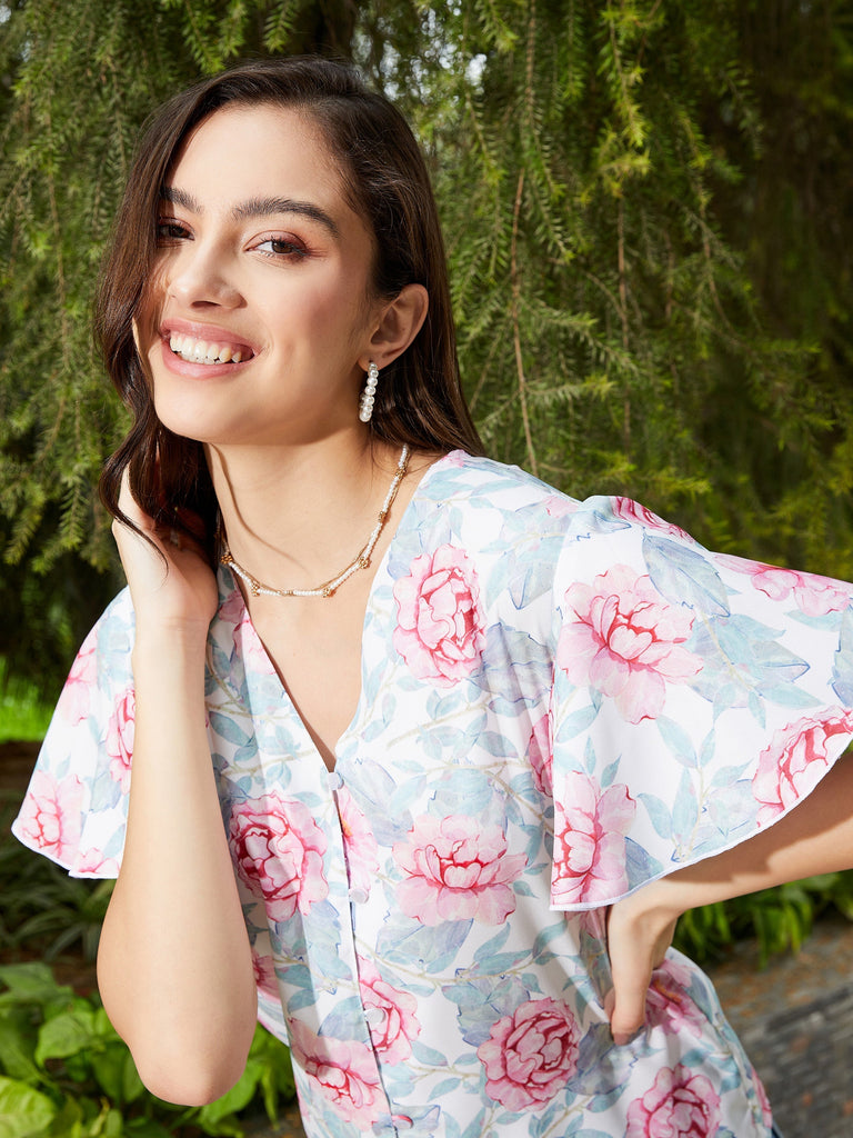 Women's Pink Floral Front Open Regular Top