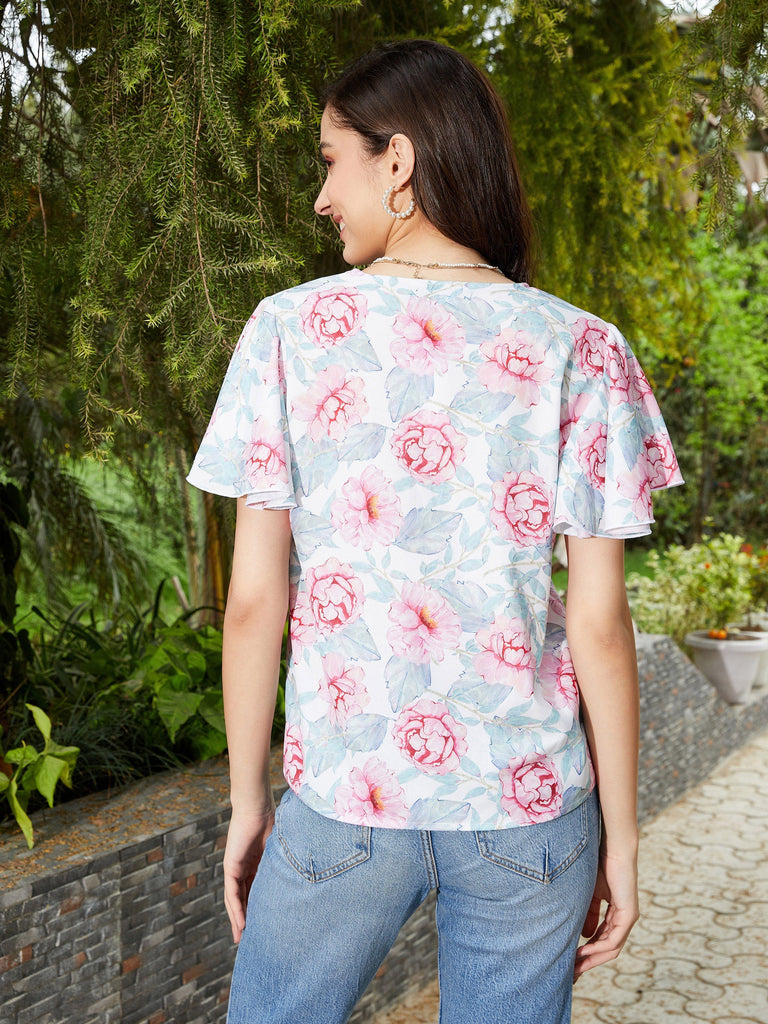 Women's Pink Floral Front Open Regular Top