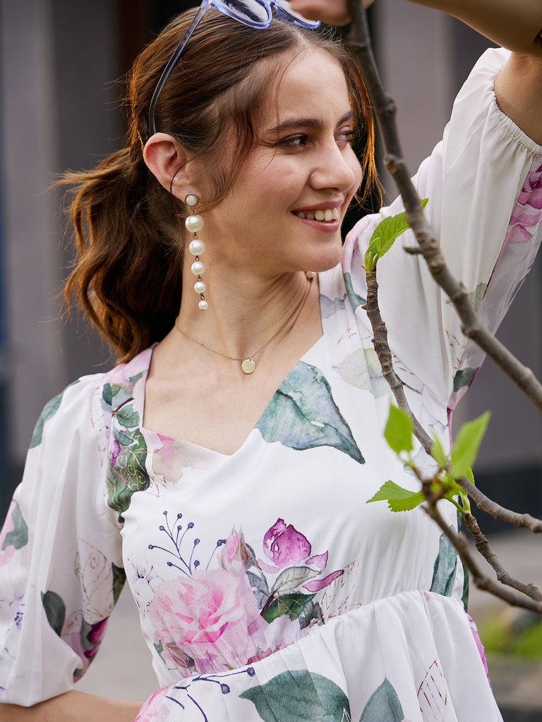 Women's White Floral Back Criss Cross Peplum Top