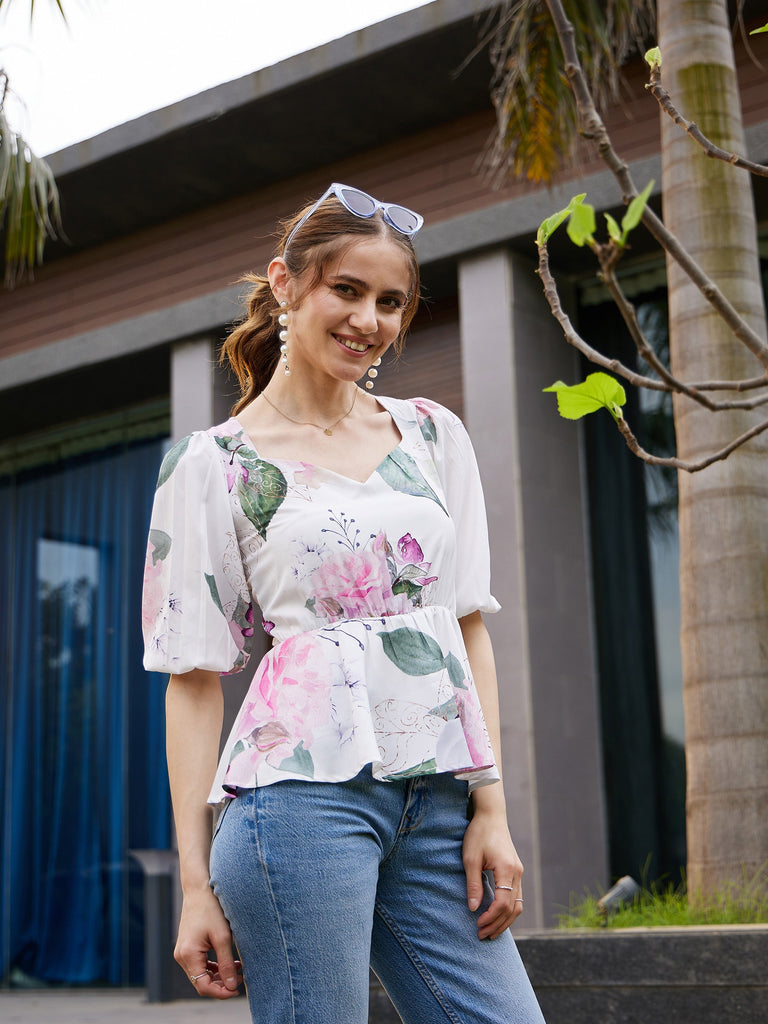 Women's White Floral Back Criss Cross Peplum Top