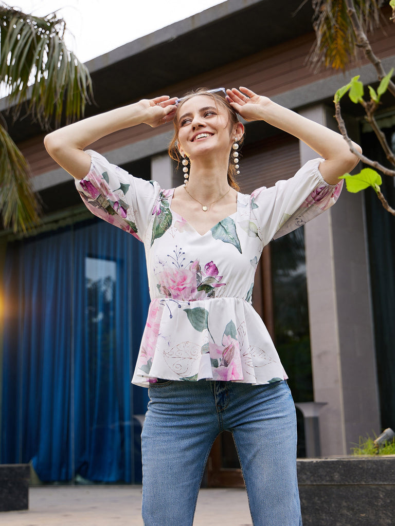 Women's White Floral Back Criss Cross Peplum Top