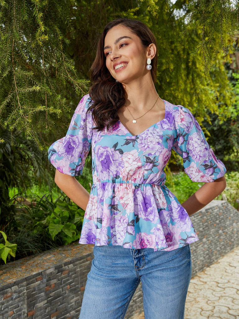 Women's Turquoise Floral Back Criss Cross Peplum Top