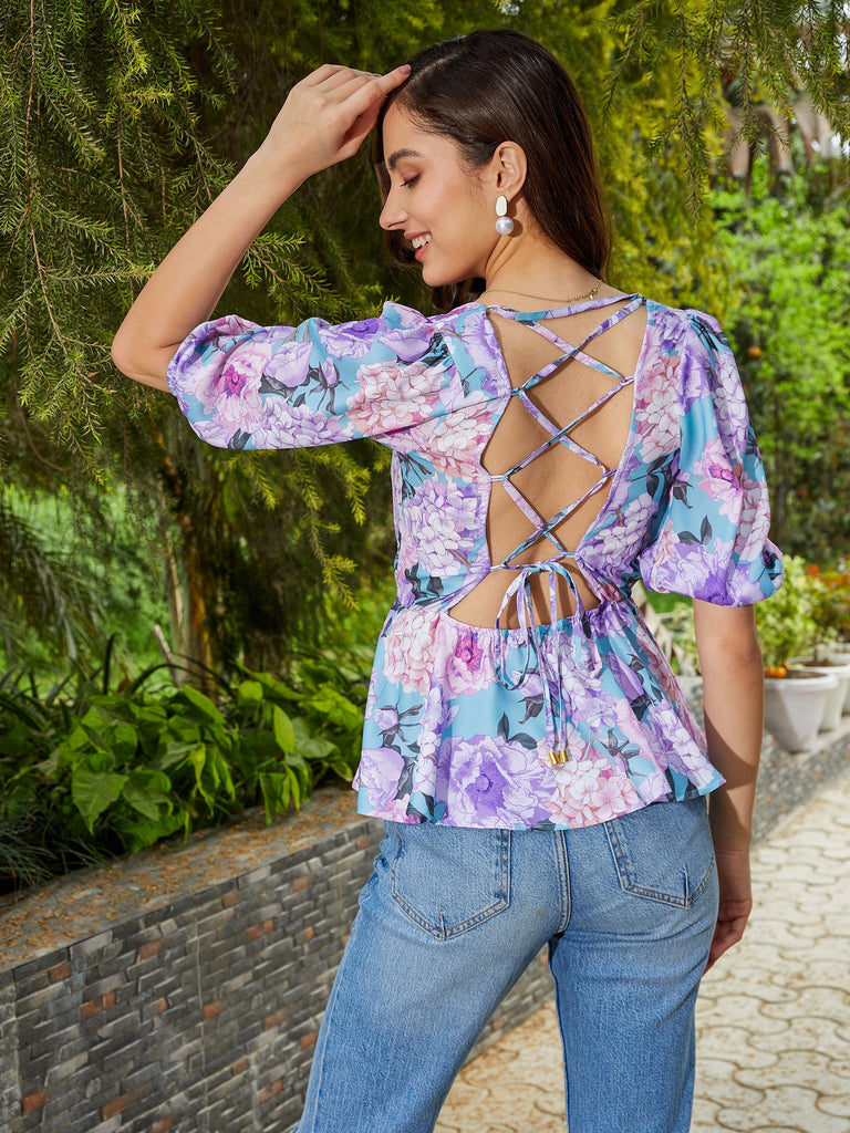 Women's Turquoise Floral Back Criss Cross Peplum Top