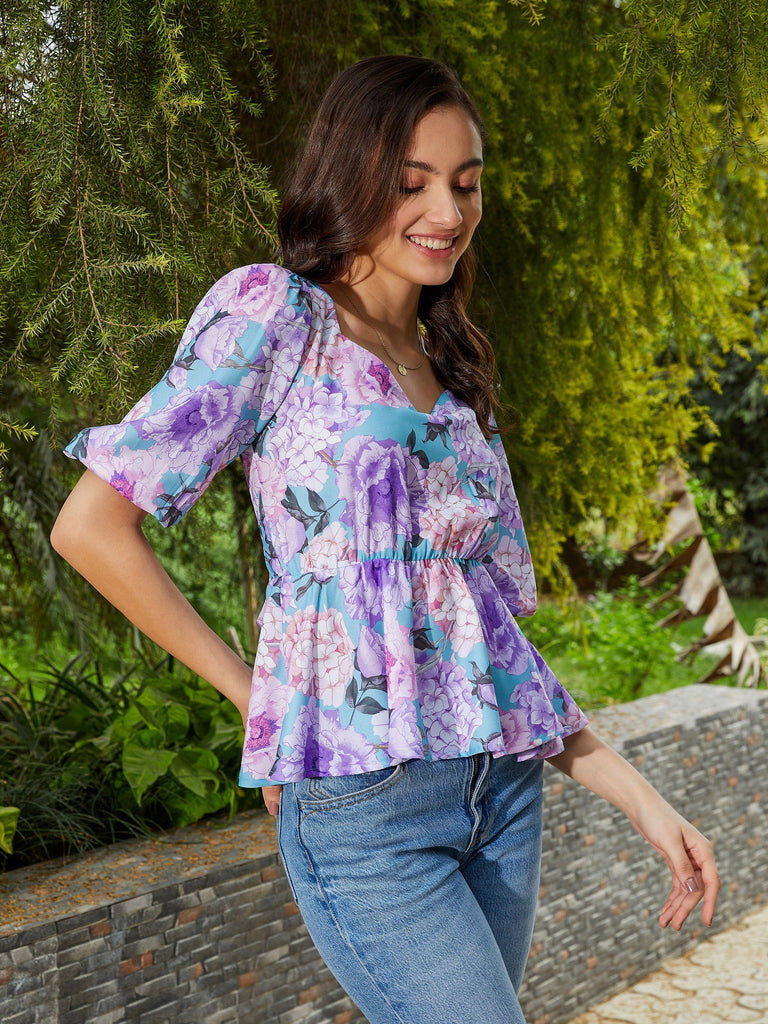 Women's Turquoise Floral Back Criss Cross Peplum Top