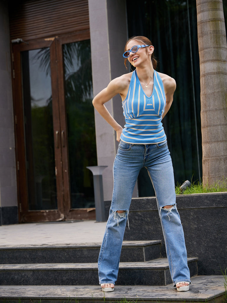 Women's Blue & White Striped Halter Neck Rib Crop Top