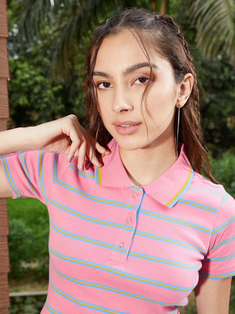 Women's Pink & Blue Striped Polo Neck Rib Crop Top