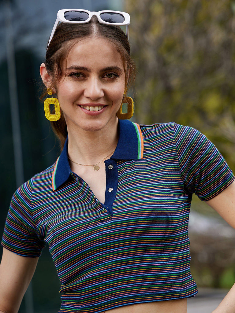 Women's Navy Multi Striped Polo Neck Rib Crop Top