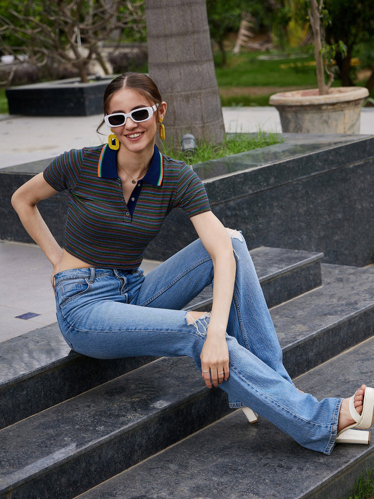 Women's Navy Multi Striped Polo Neck Rib Crop Top