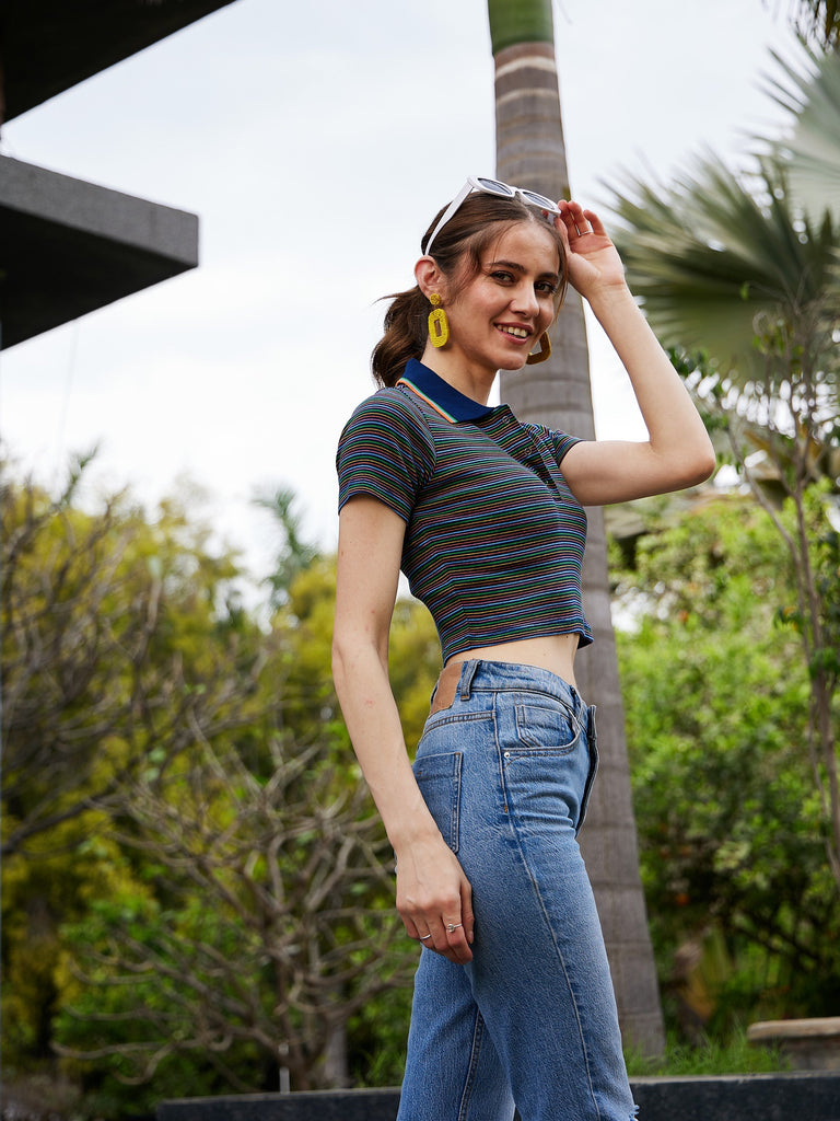 Women's Navy Multi Striped Polo Neck Rib Crop Top