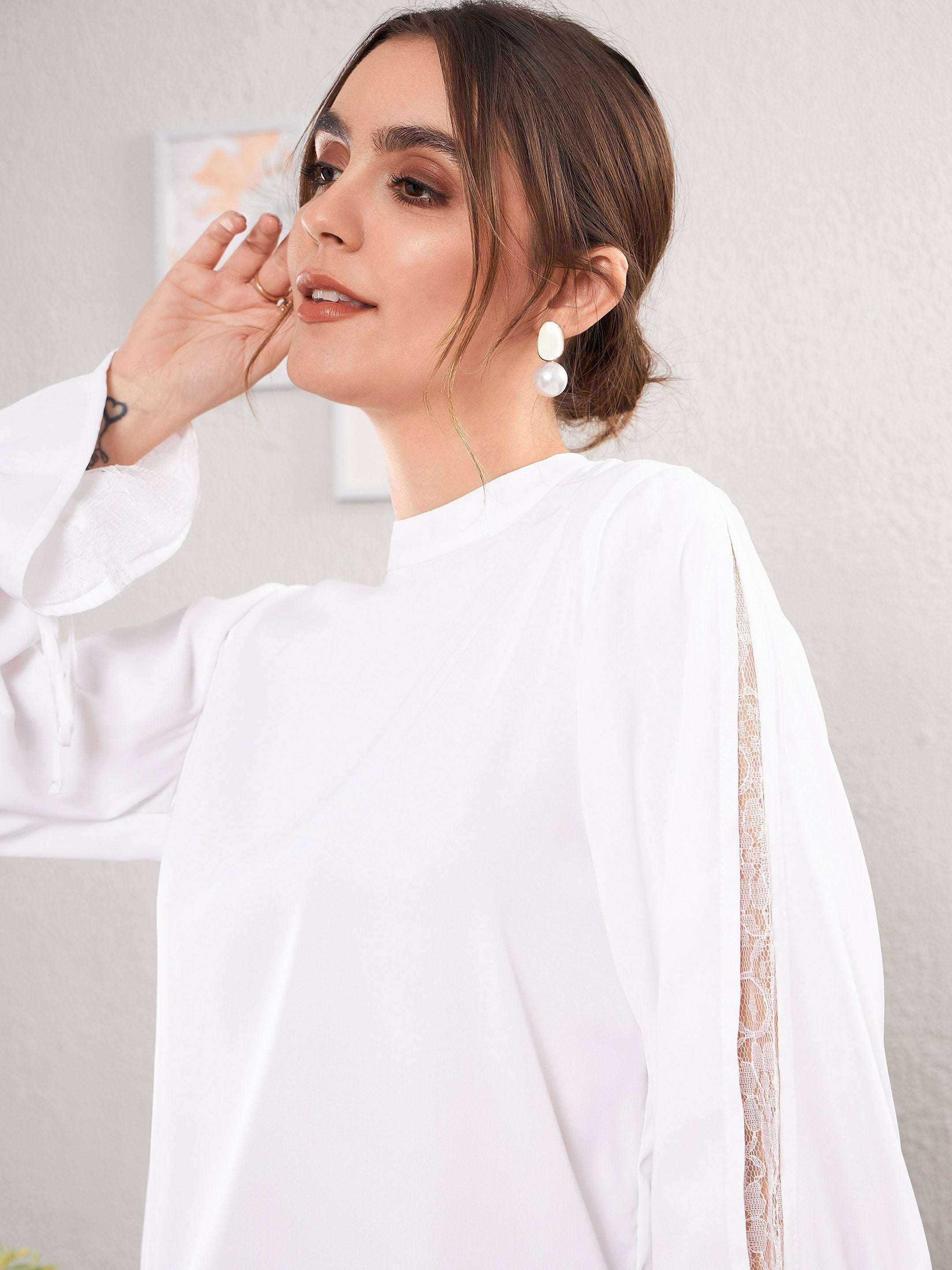 Women's White Satin Lace Detail Puff Sleeves Top - SASSAFRAS