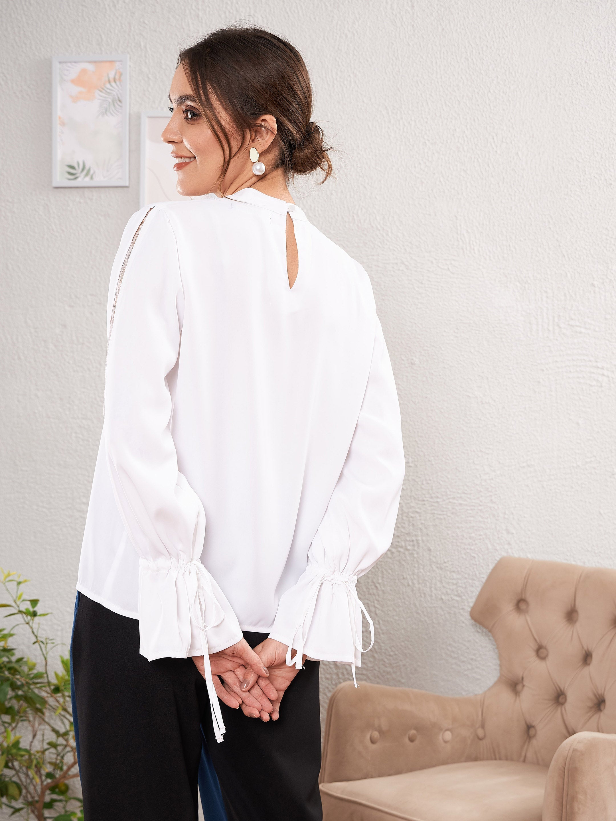Women's White Satin Lace Detail Puff Sleeves Top - SASSAFRAS