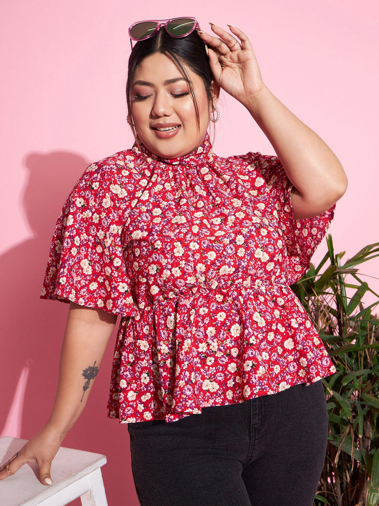 Women's Red Floral Back Tie-up Top