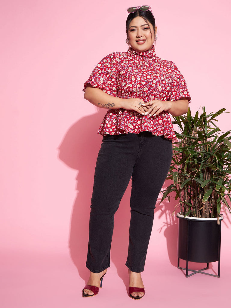 Women's Red Floral Back Tie-up Top