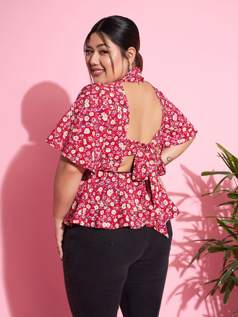 Women's Red Floral Back Tie-up Top