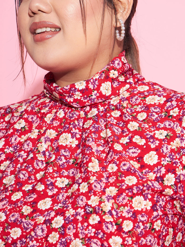 Women's Red Floral Back Tie-up Top
