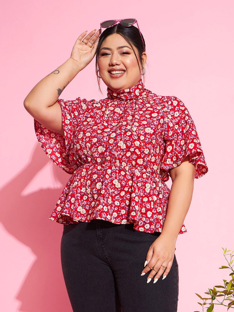 Women's Red Floral Back Tie-up Top