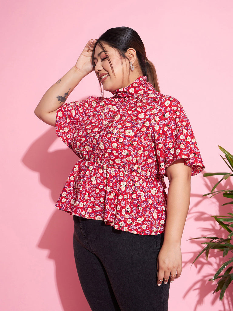 Women's Red Floral Back Tie-up Top