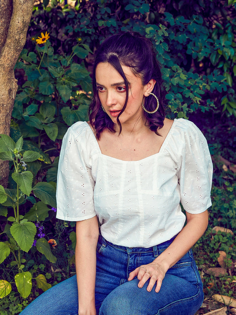 Women's White Schiffli Square Neck Smoked Top