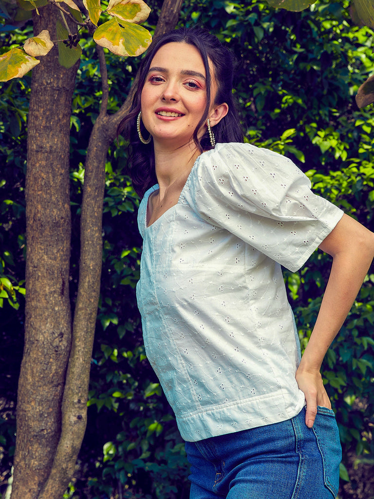 Women's White Schiffli Square Neck Smoked Top