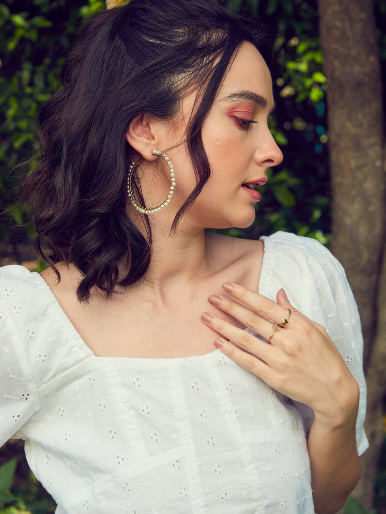 Women's White Schiffli Square Neck Smoked Top