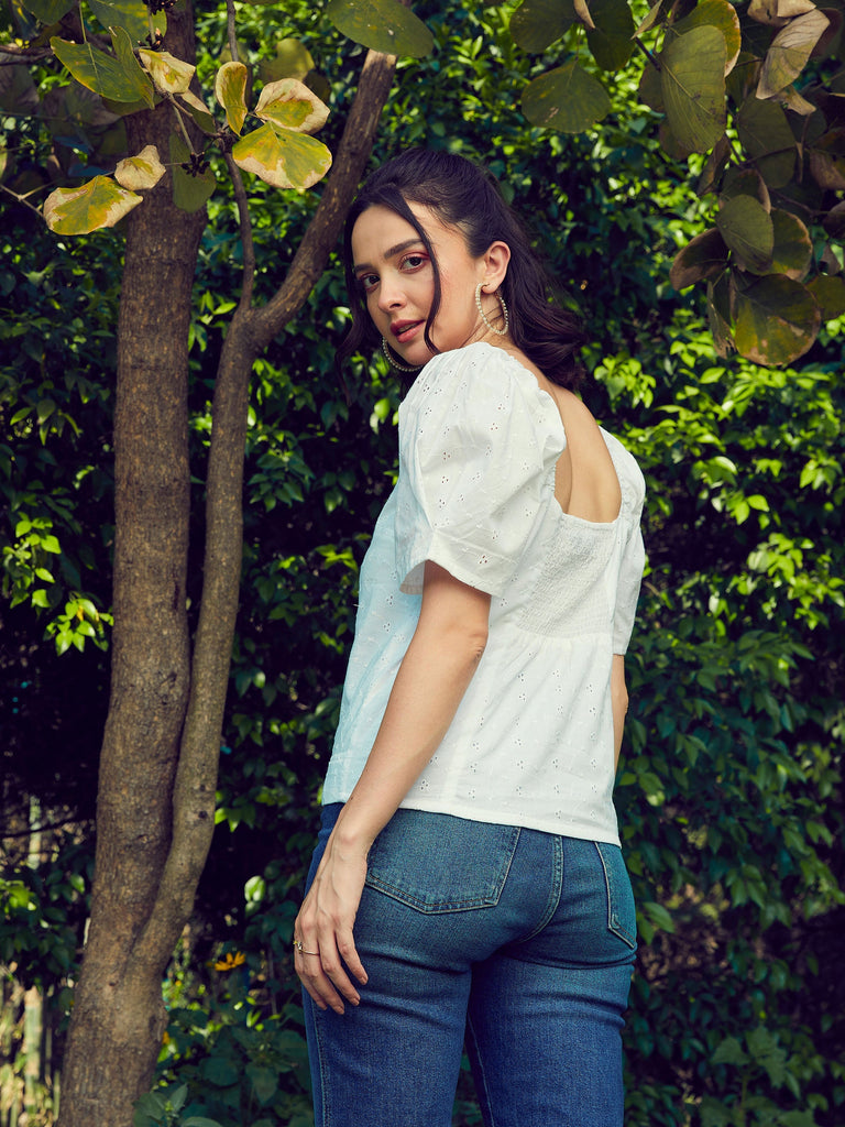 Women's White Schiffli Square Neck Smoked Top