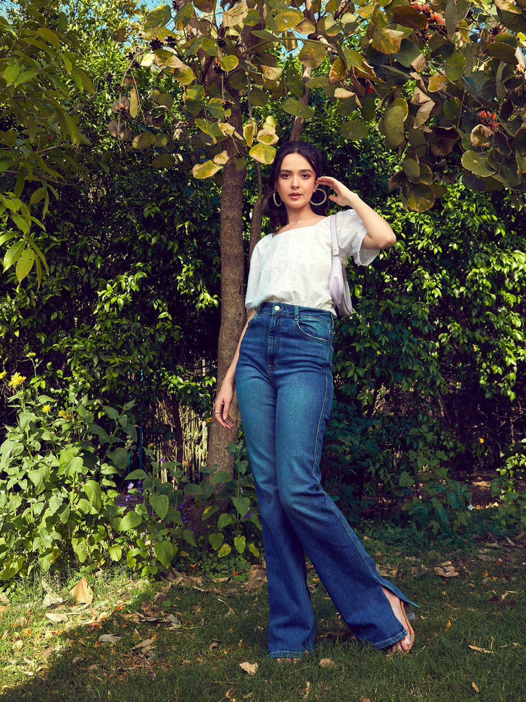 Women's White Schiffli Square Neck Smoked Top