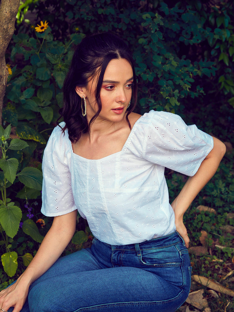 Women's White Schiffli Square Neck Smoked Top