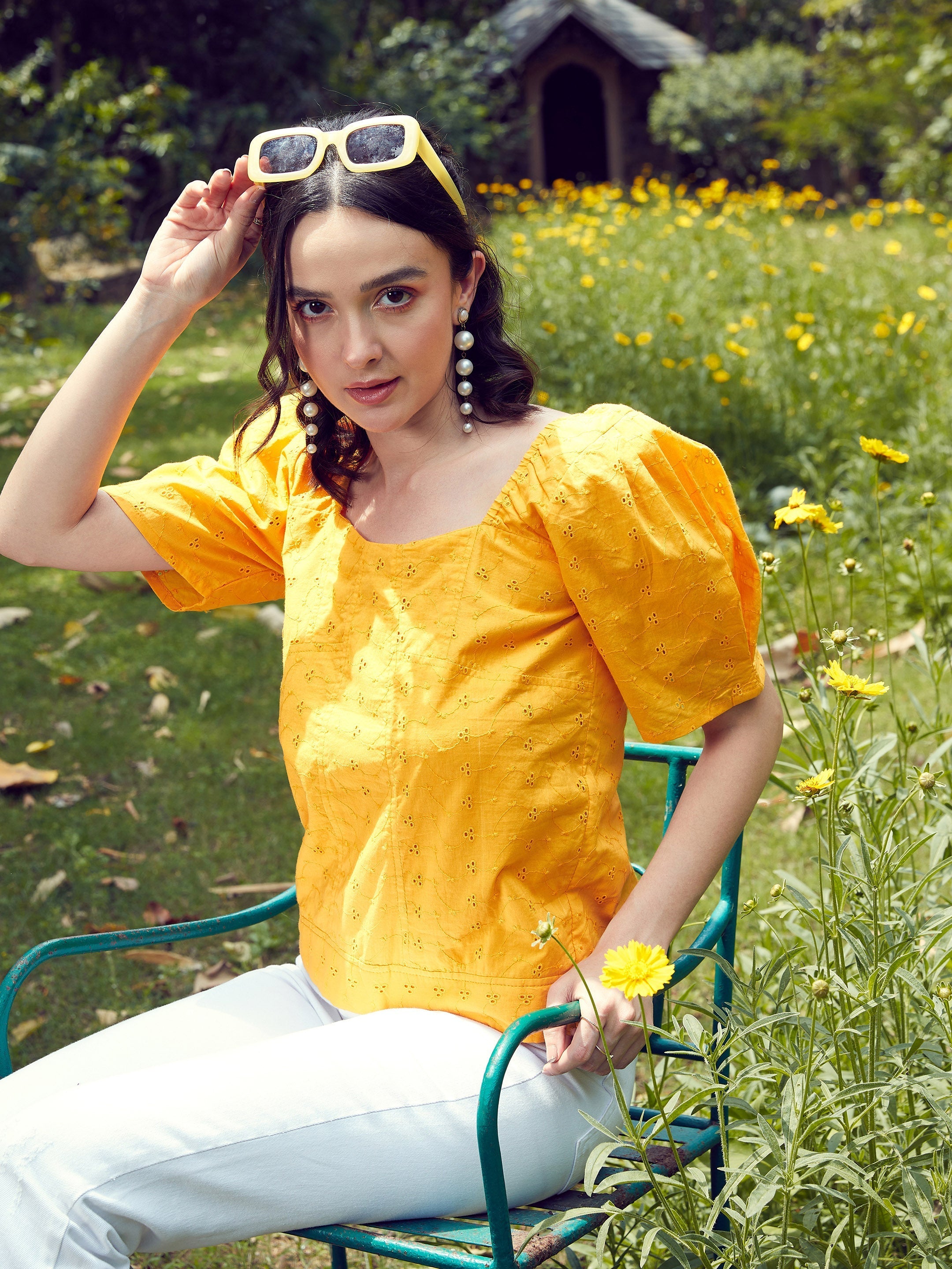 Women's Mustard Schiffli Square Neck Smoked Top