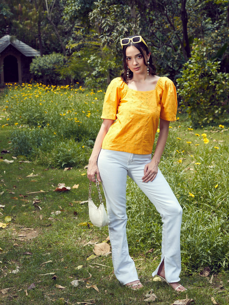 Women's Mustard Schiffli Square Neck Smoked Top