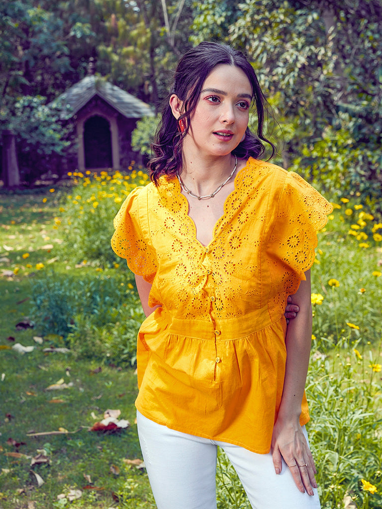 Women's Mustard Schiffli V-Neck Top