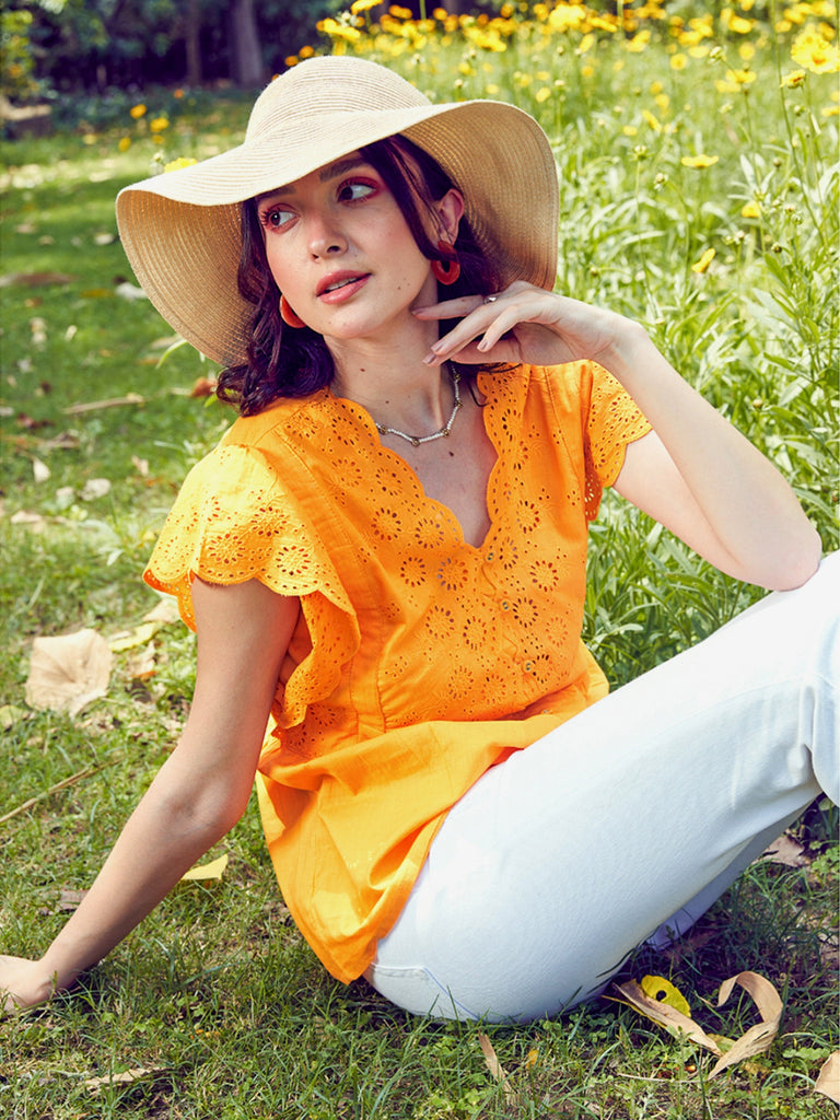 Women's Mustard Schiffli V-Neck Top