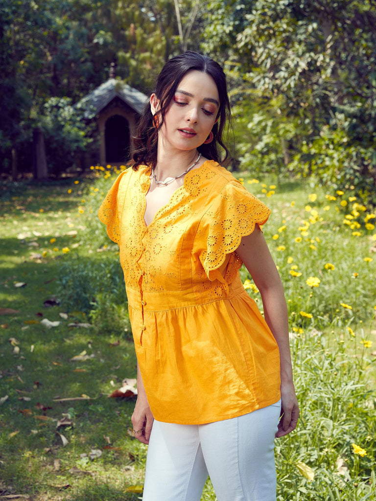 Women's Mustard Schiffli V-Neck Top