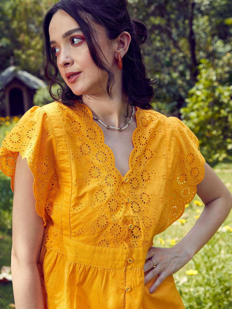 Women's Mustard Schiffli V-Neck Top