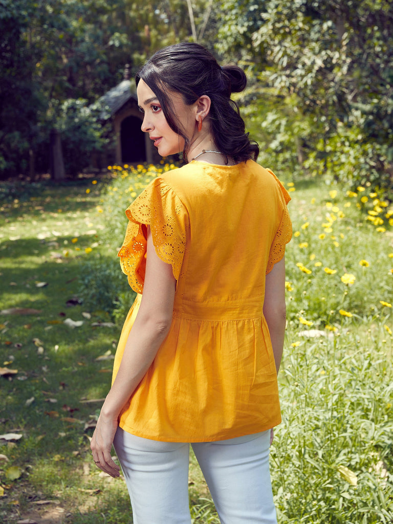 Women's Mustard Schiffli V-Neck Top