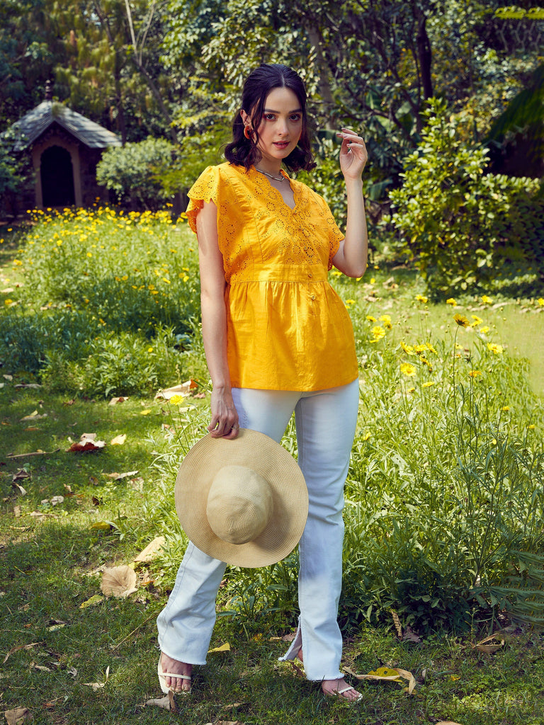 Women's Mustard Schiffli V-Neck Top