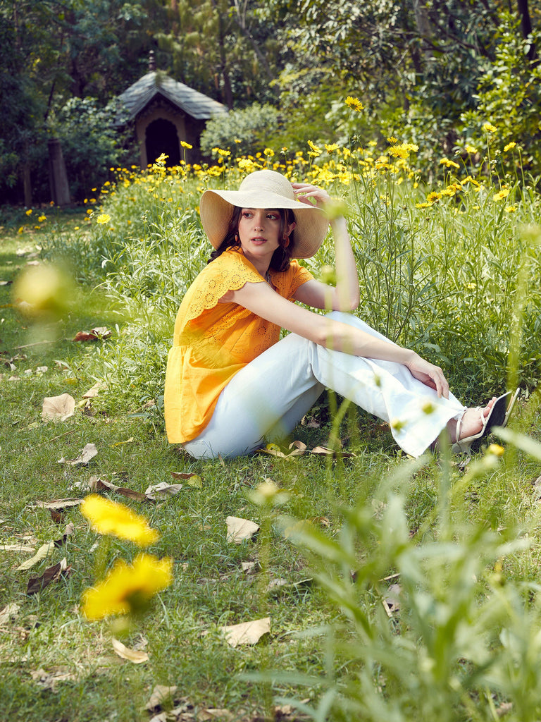 Women's Mustard Schiffli V-Neck Top