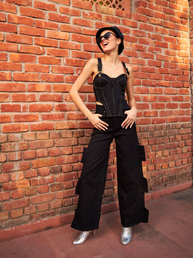 Women's Black Denim Premium Cropped Bustier Top