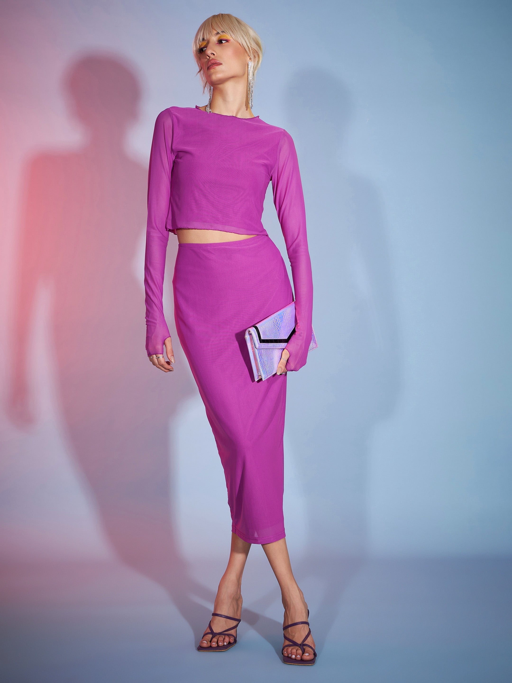 Women's Purple Tulle Full Sleeves Crop Top - SASSAFRAS