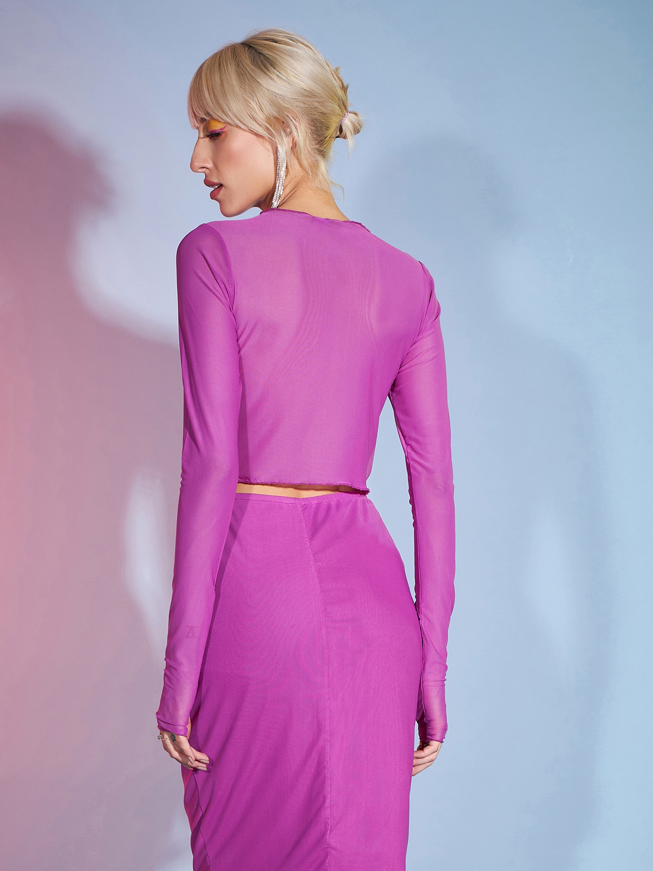 Women's Purple Tulle Full Sleeves Crop Top - SASSAFRAS
