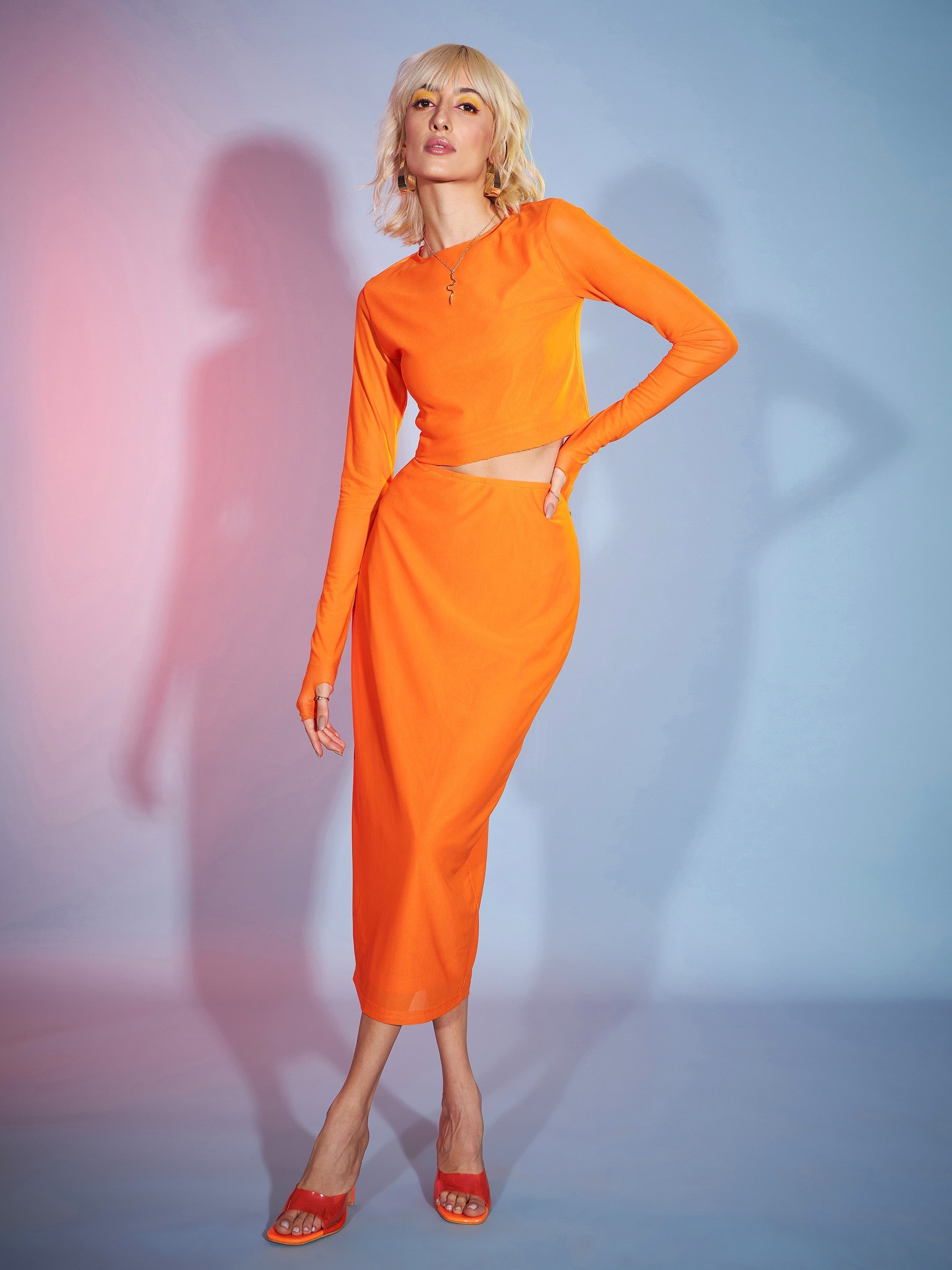 Women's Orange Tulle Full Sleeves Crop Top - SASSAFRAS